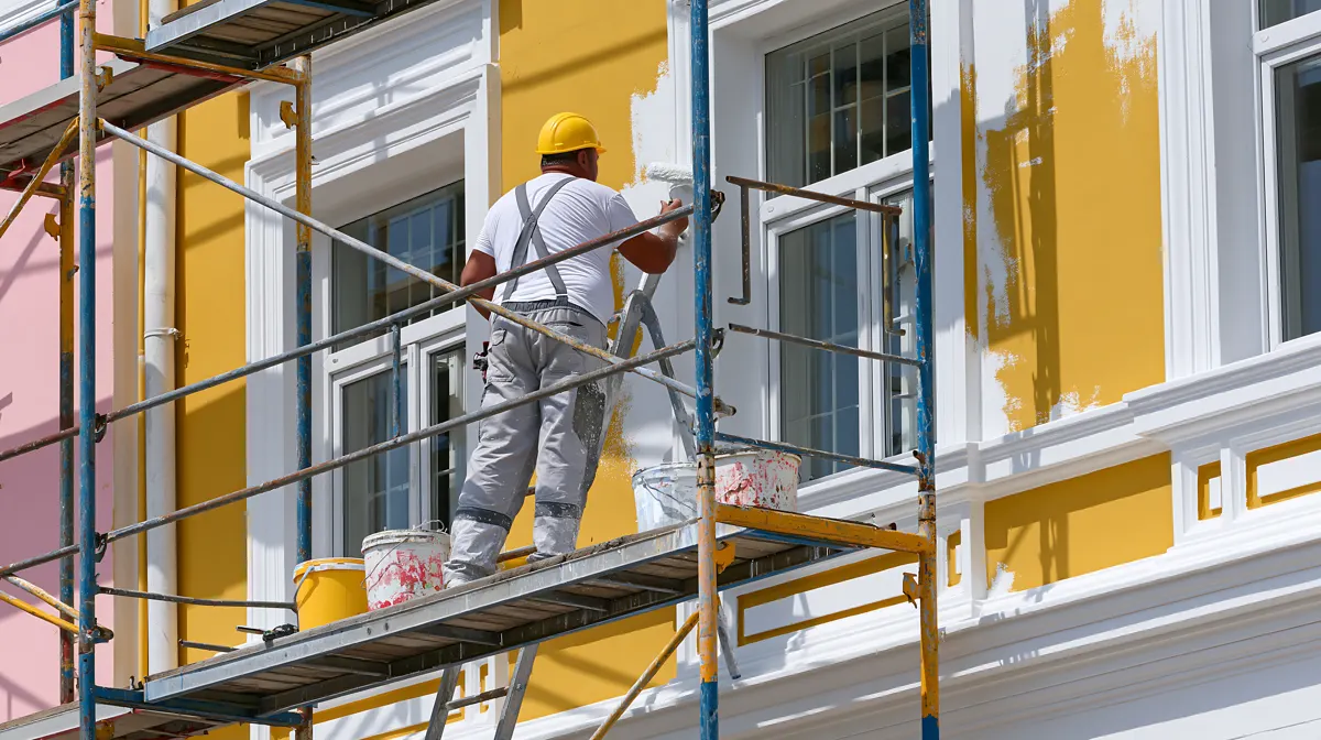 Pintor en un andamio pintando la fachada de un edificio de viviendas
